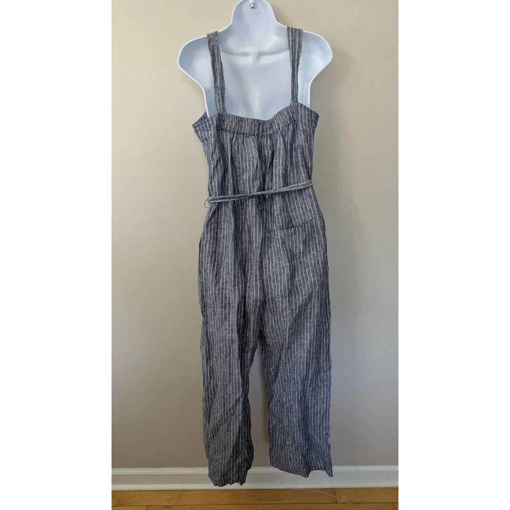 Quince 100% European Linen Square Neck Jumpsuit M Blue Stripe Wide Leg Relaxed
